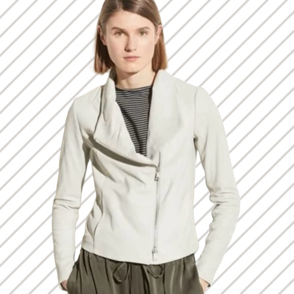 🧥 VINCE Cream Lambskin Leather Scuba Moto Jacket - Size Small